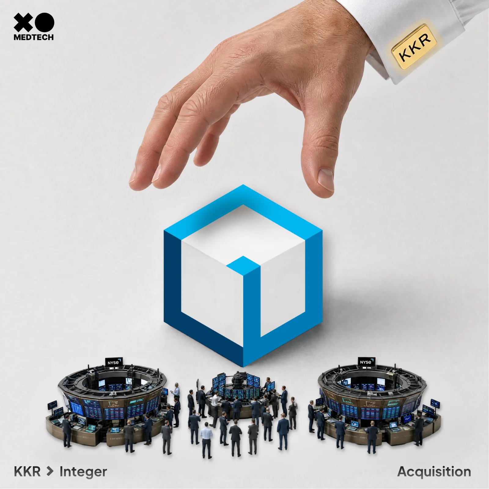 KKR reaching to take Integer private: a hand with a KKR cufflink hovering over the Integer cube logo between two NYSE trading floors