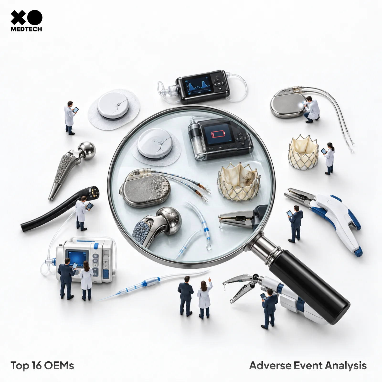 Miniature inspectors examine failing medical devices under a magnifying glass: a cracked CGM sensor, a low-battery insulin pump, a frayed pacemaker lead and a degraded heart valve