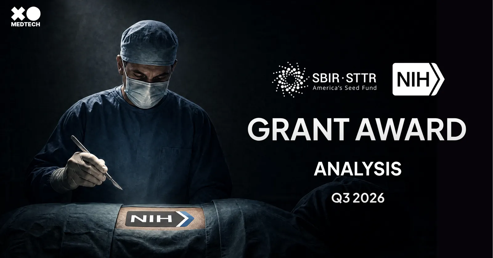 Surgeon in a darkened operating room holding a scalpel over a draped patient marked with the NIH logo, titled Grant Award Analysis Q3 2026